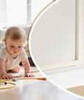 Beige One Cord Cable Hider Kit For Walls, 85 Inch Cord Covers for TV wires, shown installed keeping cords out of baby's reach