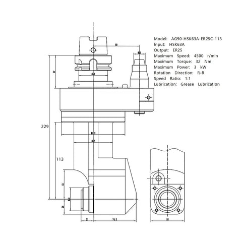 Heavy Duty HSK63A Side Milling Head With Internal Coolant And Rapid Tool Swapping For Knockout Accuracy and Badass CNC Results On Any Shop Floor Setup Today technical drawing with dimensions.