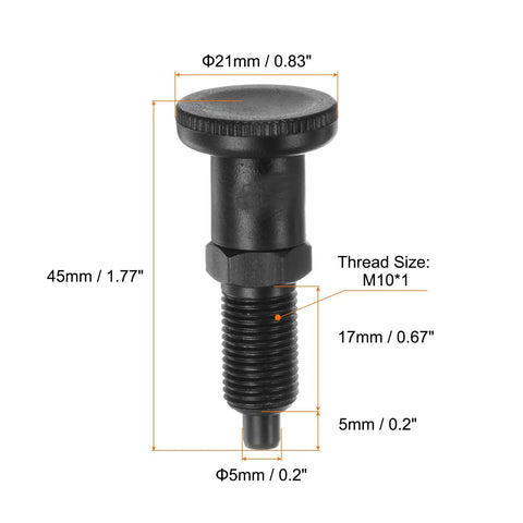 M10x1 Push Fit Ball Nose Spring Index Plunger With Retractable Location Pin And Return Knob Creates A Hassle Free Hold While Riding On Heavy Duty Carbon Steel With A Slick Rust Resistant Finish, showing dimensions and details.