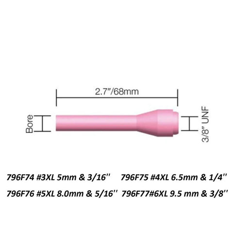 Diagram of pink extra long alumina nozzle with measurements, part of the Extra Long Alumina Nozzle Ceramic Cup Kit For WP 9 20 25 Torch