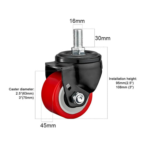 Heavy Duty Swivel Caster Wheels With Brakes For Furniture, Workbench, Cart And Garage, M Threaded Stem, Quiet PU Wheels