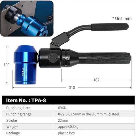 Image of a Heavy Duty Hydraulic Knockout Hole Punch Kit For Electrical Conduit 1/2 To 2 Inch, 22.5-61.5 Mm, with die cutter and measurements.