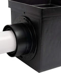 Square Catch Basin Drainage Kit For Lawns And Landscaping, 9 Inch, Black, with white pipe connection detailing two opening basin.