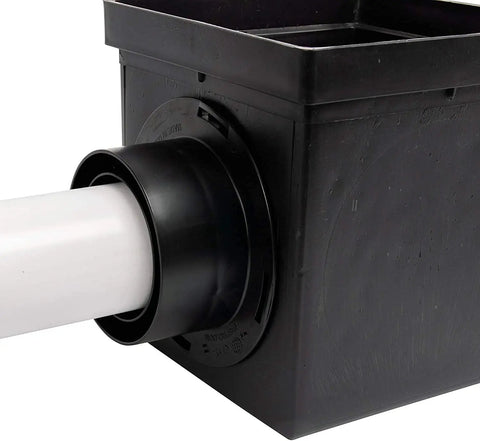 Square Catch Basin Drainage Kit For Lawns And Landscaping, 9 Inch, Black, with white pipe connection detailing two opening basin.