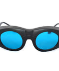 Hardcore Laser Safety Eyewear And YAG Protective Goggles For 808Nm 850Nm 980Nm 1064Nm Beams, front view, black frame, blue lenses.