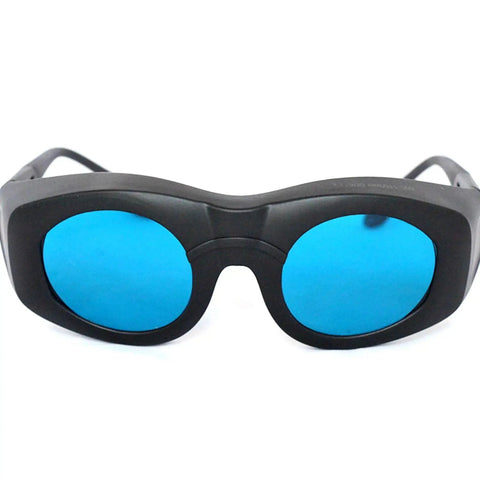 Hardcore Laser Safety Eyewear And YAG Protective Goggles For 808Nm 850Nm 980Nm 1064Nm Beams, front view, black frame, blue lenses.