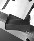 Close-up of Workhorse 40 Inch Box And Pan Brake For 12 Gauge Mild Steel With Hands Free Foot Control, showing steel bend detail.