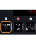 Programmable Dome Brew Coffee Maker Featuring Twenty Four Hour Timer Backup Memory And Sleek Stainless Steel Finish That Brews Twelve Hot Cups Or Eight Iced Servings With Tuneable Strength For Bold Smooth Flavor To Kick Off Your Day control panel buttons including Brew, Iced Coffee, and timer settings.