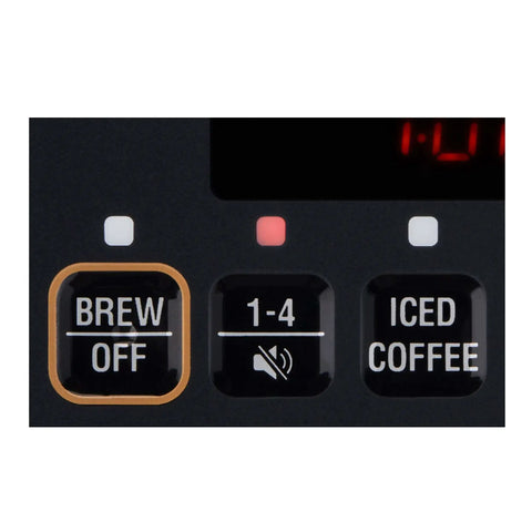 Programmable Dome Brew Coffee Maker Featuring Twenty Four Hour Timer Backup Memory And Sleek Stainless Steel Finish That Brews Twelve Hot Cups Or Eight Iced Servings With Tuneable Strength For Bold Smooth Flavor To Kick Off Your Day control panel buttons including Brew, Iced Coffee, and timer settings.