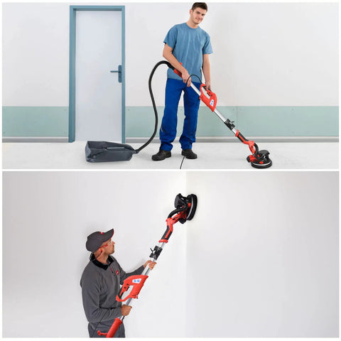 Two men using Drywall Sander With Vacuum System, 800W Electric Sander With 7 Variable Speeds 800-1750 RPM on walls.