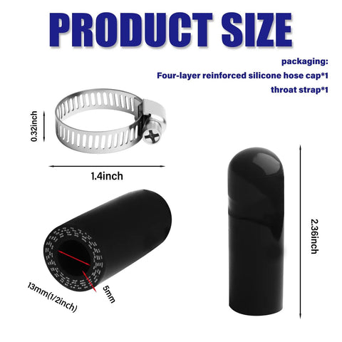 Solid Half Inch Silicone Hose End Plugs With Snug Quick Snap Clips For Vacuum Coolant Water Lines, showing size dimensions and design.
