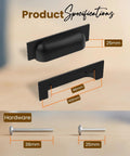 Product specifications showing Solid Cast Iron Bin Pulls Three And Three Quarter Inch CTC Pack Of Five Black Beefy Build