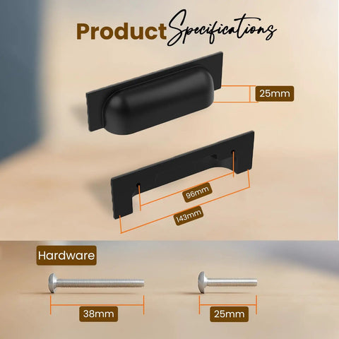 Product specifications showing Solid Cast Iron Bin Pulls Three And Three Quarter Inch CTC Pack Of Five Black Beefy Build