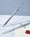 Sword Letter Opener With Ergonomic Handle And Precision Blade, Envelope Slitter For Fast Mail Opening displayed on marble surface.