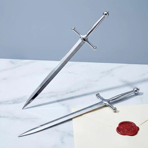Sword Letter Opener With Ergonomic Handle And Precision Blade, Envelope Slitter For Fast Mail Opening displayed on marble surface.