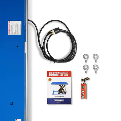 Heavy Duty Electric Hydraulic Lift Table With Wireless Remote 8,800 Lb Capacity Big Platform 66.9 X 47.2 Inches components including remote and manual.