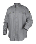 Super Durable Flame Resistant Work Shirt In Large Gray Size Rugged Fr Cotton For Tough Jobs Meets Nfpa 2112 And 70E With 8.7 Atpv Ppe Category 2 Protection Features Shatter Proof Buttons And Curved Hem pictured front view