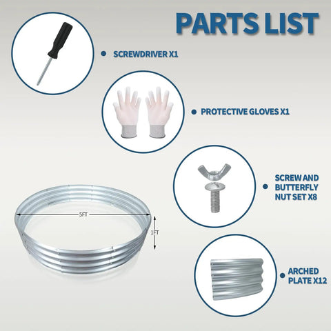 Parts list for 60 Inch Fire Pit Ring Built From 0.8mm Galvanized Steel Heavy Duty Burn Barrel For Wood Burning Fires including tools and hardware