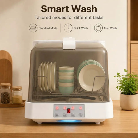 Portable Countertop Dishwasher Handles No Fuss Cleanup Like A Champ For Apartments And Dorms Featuring Six Quick Wash Cycles One Point Six Gallon Tank And Swivel Spray Arms Deliver Pristine Dishes Daily With Super Convenient Air Dry Option, showing plates and cups in a compact design.
