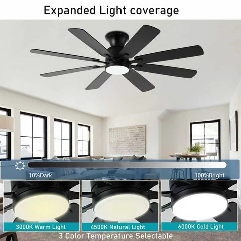 52 Inch Flush Mount Ceiling Fan With Light Easy Remote Or App Control Eight Blades Noiseless DC Motor Low Profile Indoor Outdoor Black Finish For Bedroom Living Room