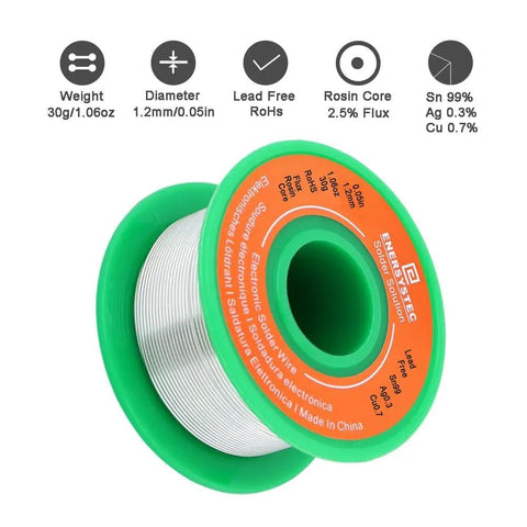 No Lead Solder Wire For Electronics With Rosin Flux Core 1.2mm Diameter Sn99 Ag0.3 Cu0.7 Alloy 30g spool on white background