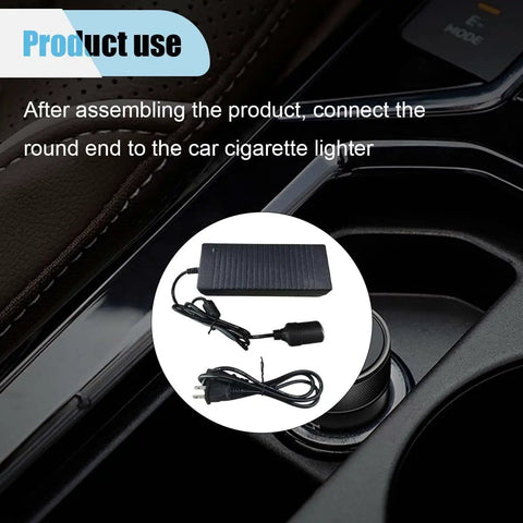 Heavy Duty 120W AC To DC Converter Plug And Play 12V Cigarette Lighter Adapter Straight Cord with connectors in car cup holder.