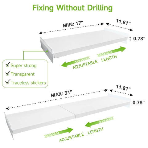 Expandable Closet Shelves Set, Adjustable Shelf Boards For Cabinets And Pantries, No Drilling Easy Install Diagram