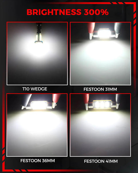 Mazda CX5 LED Interior Light Replacement Kit Ultra Bright 6000K White Bulbs showcasing T10 wedge, Festoon 31mm, 36mm, 41mm