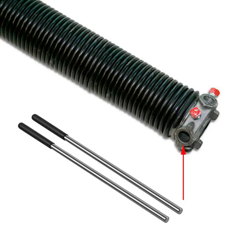 Two Pack 18 Inch Torsion Spring Winding Rods With Rubber Handles 0.5 Inch Diameter Steel Winding Bars For Garage Door Tension Spring Adjustment And Replacement Heavy Duty DIY Pro Tool shown with torsion spring