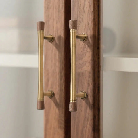 Close-up of Six Pack Antique Brass Walnut Cabinet Pulls And Knobs Set For Kitchen Cabinets Dressers Wardrobes Cupboards Drawers