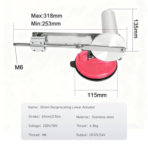 Kickin 65Mm Stroke Electric Telescopic Linear Actuator With Variable Speed Reciprocating DC Motor Kit, stainless steel, dimensions labeled.