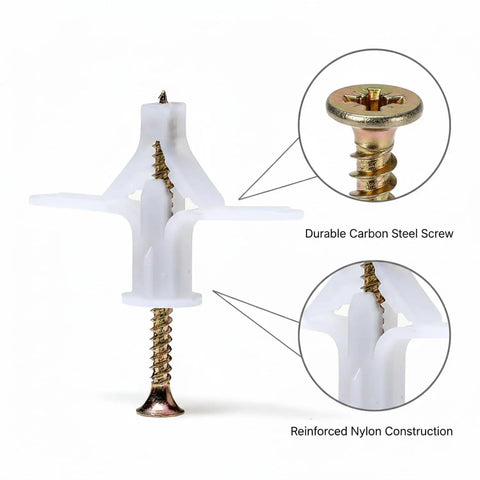 50 Pack Drywall Toggle Anchors With Carbon Steel Screws, Nylon Hollow Wall Mount Kit for Shelves, close-up of screw and anchor.