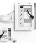 In Wall Cable Management Kit With Recessed Outlet Box And Four Power Ports, showing integrated power outlets and cables.