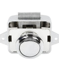 Push Button Latch Three Pack For Campervan Cabinets And Drawers Easy Press Release Cabinet Lock Kit Door Catch For Furniture Spring Pop Button Latch System Durable Marine Grade Hardware DIY Install Ready. Close-up view of single push button latch.