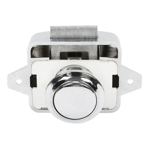 Push Button Latch Three Pack For Campervan Cabinets And Drawers Easy Press Release Cabinet Lock Kit Door Catch For Furniture Spring Pop Button Latch System Durable Marine Grade Hardware DIY Install Ready. Close-up view of single push button latch.