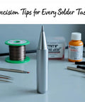 7 Piece Soldering Tip Set With Matte Frosted Flat, Curved And Pointed Bits For Fine Joints And Hard To Reach Angles, Perfect For Electronics Repairs And DIY Projects, 0.16 Inch Inner Diameter, Anti Oxidation Tips For Rework Stations in a soldering workspace