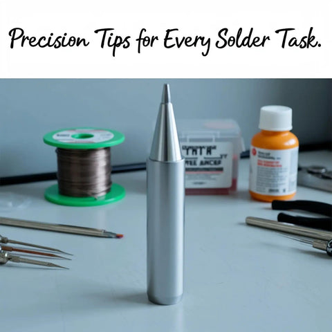 7 Piece Soldering Tip Set With Matte Frosted Flat, Curved And Pointed Bits For Fine Joints And Hard To Reach Angles, Perfect For Electronics Repairs And DIY Projects, 0.16 Inch Inner Diameter, Anti Oxidation Tips For Rework Stations in a soldering workspace