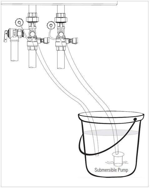 Illustration of 3/4-Inch IPS Lead Free Isolator For Tankless Water Heaters Kit With Full Port Brass Ball Valves and Submersible Pump