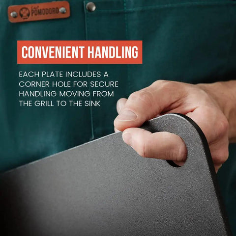 Hand holding High Heat Pizza Steel For Oven And Grill 13 By 13 Inch One Quarter Inch Thick with lifting hole
