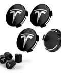 Dope 2.2 Inch Wheel Center Cap Set With Logo Emblem And Valve Stem Caps For Tesla Model 3 And Model Y Wheels, Black Finish