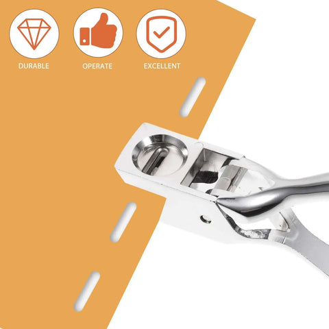 Oval Manual Hole Puncher Handy Portable Paper Punch Tool for Office and Crafting up to Eight Sheets, shown with paper hole design