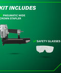 Kit with Wide Crown Pneumatic Stapler for Sheathing and Insulation 16 Gauge Nailer with 1 to 2 In Staples and safety glasses