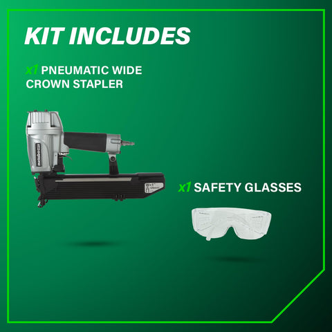 Kit with Wide Crown Pneumatic Stapler for Sheathing and Insulation 16 Gauge Nailer with 1 to 2 In Staples and safety glasses