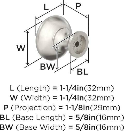 Top Notch Ten Pack Of 1.25 Inch Round Cabinet Knobs With Slick Satin Nickel Coating For Kitchen Drawers with dimensions.