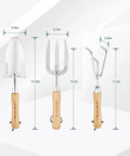 3 Piece Garden Tool Set with stainless steel hand trowel, hand cultivator, and hand fork with size dimensions and wood handles