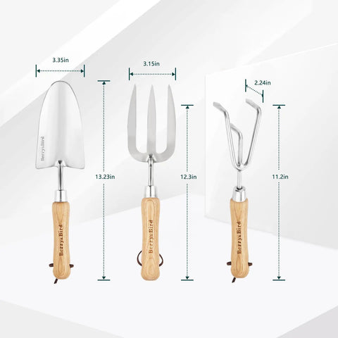 3 Piece Garden Tool Set with stainless steel hand trowel, hand cultivator, and hand fork with size dimensions and wood handles