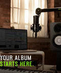 Studio Quality Condenser Microphone Kit For Home Recording With XLR in a studio setup with computer and speakers.