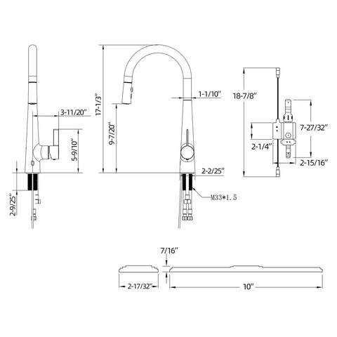 Technical diagram of Touchless Kitchen Faucet With Pull Down Sprayer And Motion Sensor Hands Free Tap High Arc Chrome Finish dimensions