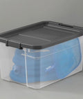 Front view of Modular Clear 76 Qt Storage Box Stackers, Stackable Plastic Organizer With Locking Lids, grey lid, clear sides