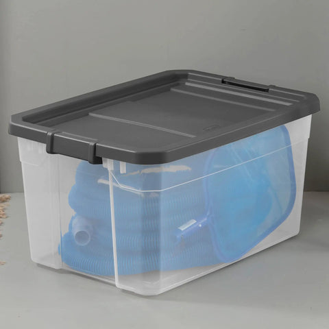 Front view of Modular Clear 76 Qt Storage Box Stackers, Stackable Plastic Organizer With Locking Lids, grey lid, clear sides
